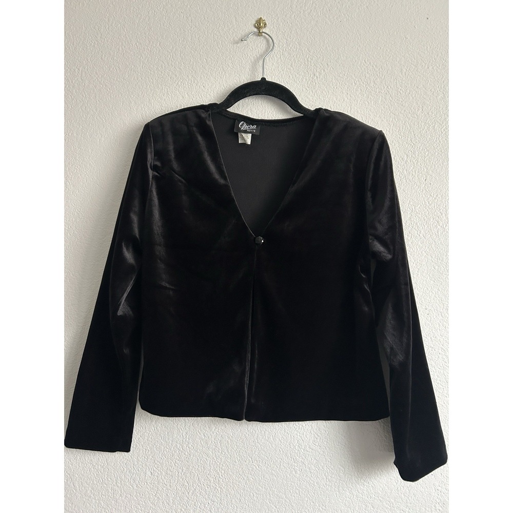 Vintage Black Velvet V Neck Single Button Closure Top Cardigan Petite Medium